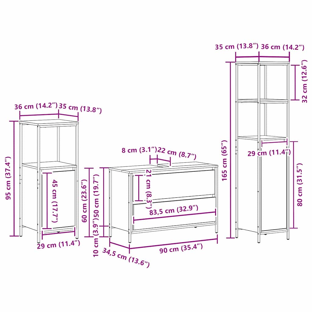 3 Piece Bathroom Furniture Set Engineered Wood