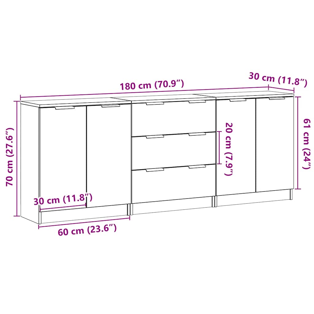 Sideboards 3 Pcs 60X30X70 Cm Engineered Wood