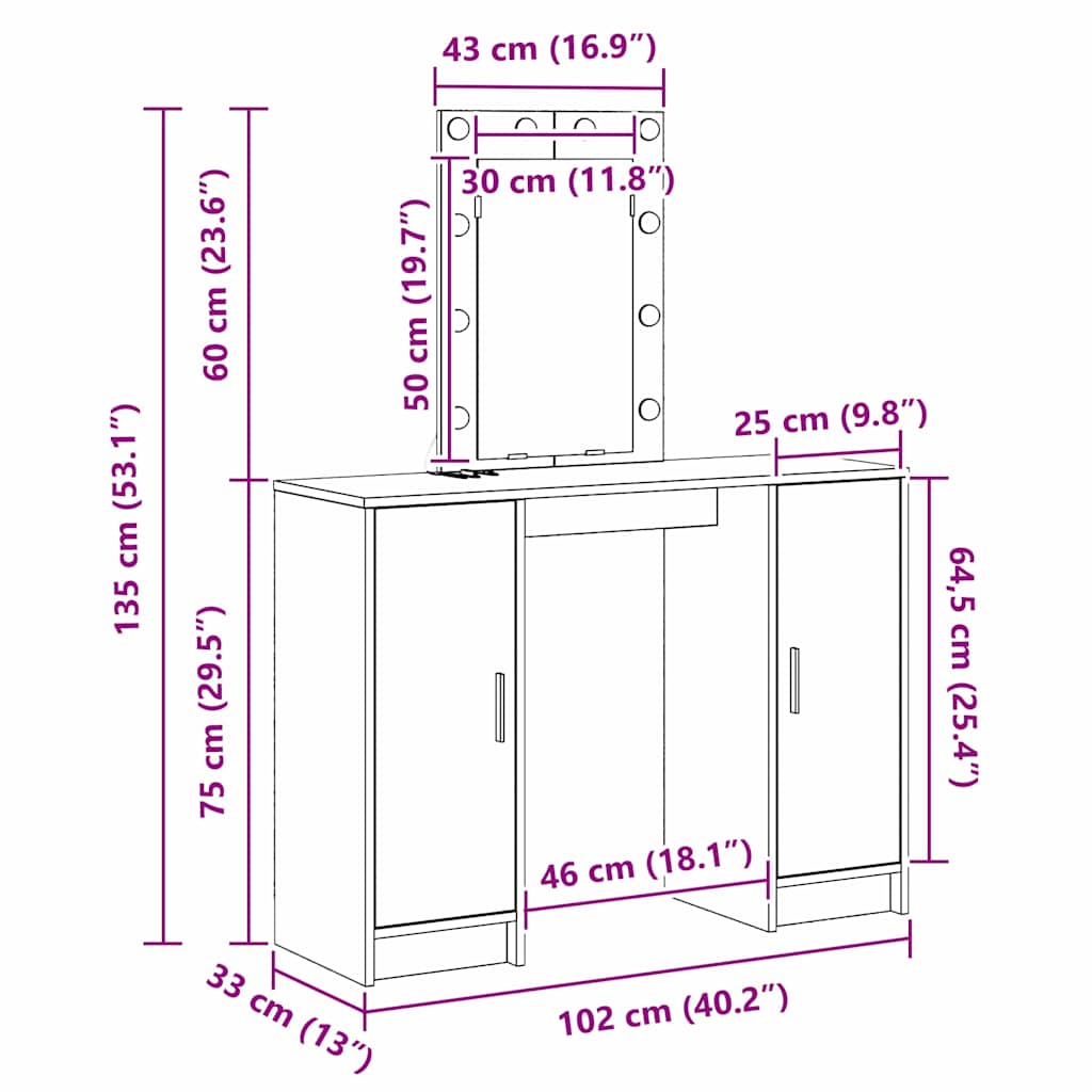 Dressing Table Brown 102 X 33 X 135 Cm Engineered Wood