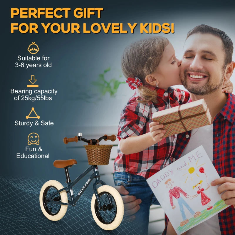 HOMCOM 12 Inch Kids Balance Bike Toddler No Pedal Training Bicycle with Rubber Tires Adjustable Handlebar Basket Bell for 3-6 Year Old Boys Girls, Brown