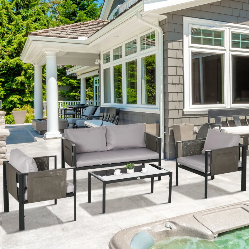 Outsunny 4 Piece Metal Garden Furniture Set - Includes Tempered Glass Coffee Table, Texteline Pocket, Outdoor Patio Set with Loveseat, Single Armchairs and Padded Cushions, Light Grey