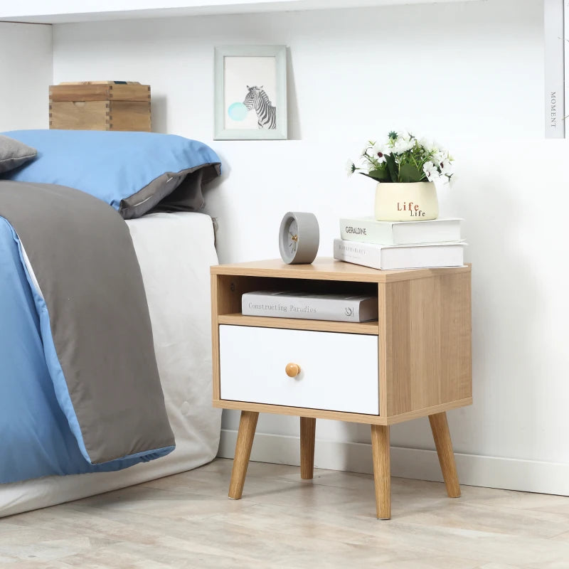 HOMCOM Wooden Bedside Table, with Drawer and Shelf, Modern Nightstand, End Table for Living Room, Bedroom, Natural