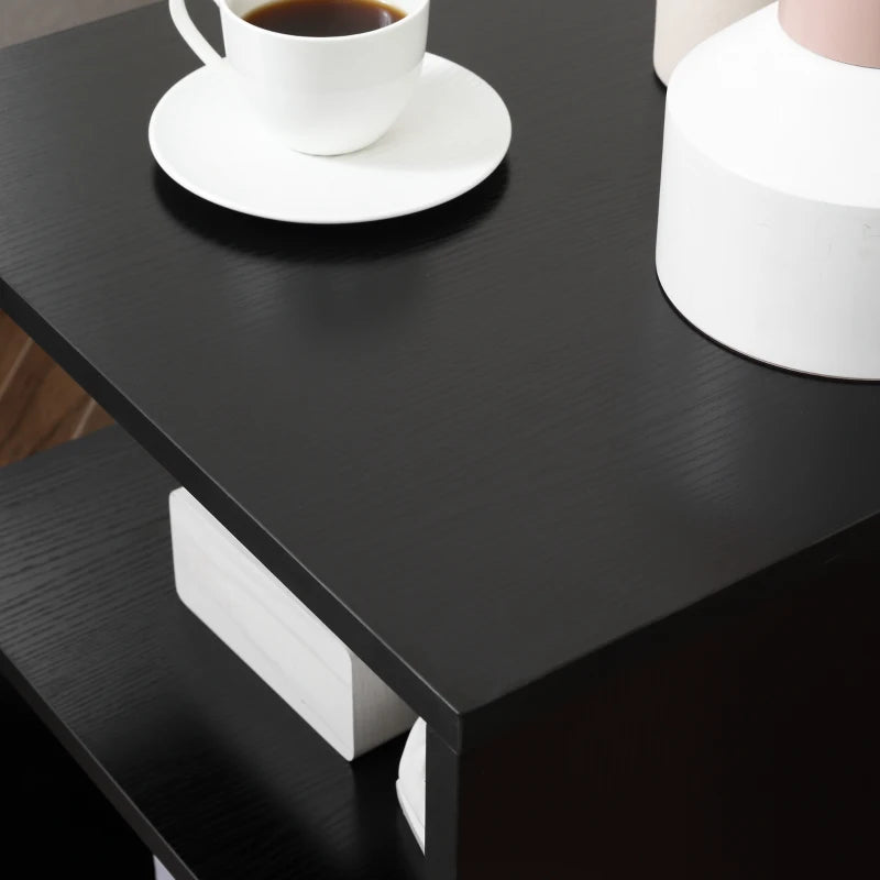 HOMCOM S-Shaped Coffee Table, Cube End Table with 2 Tier Storage Shelves for Living Room, Bedroom, Black