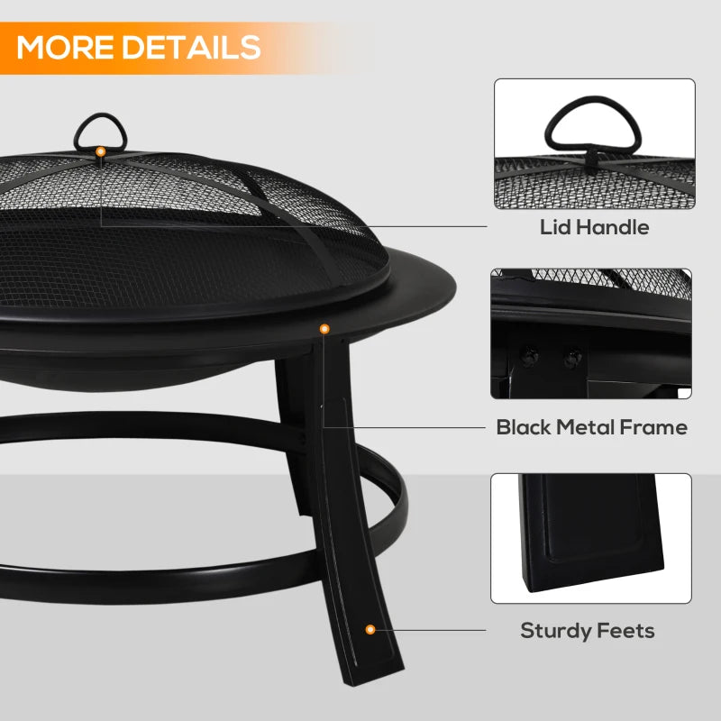Outsunny Outdoor Round Metal Fire Pit Φ75.5cm with Poker Wood Grate for Garden Patio Black
