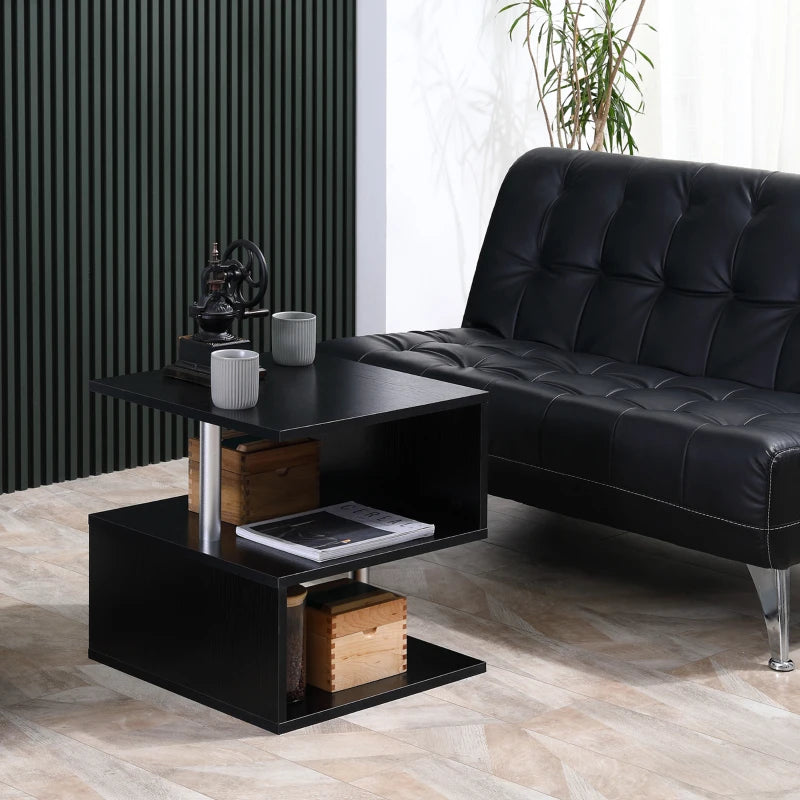 HOMCOM S-Shaped Coffee Table, Cube End Table with 2 Tier Storage Shelves for Living Room, Bedroom, Black