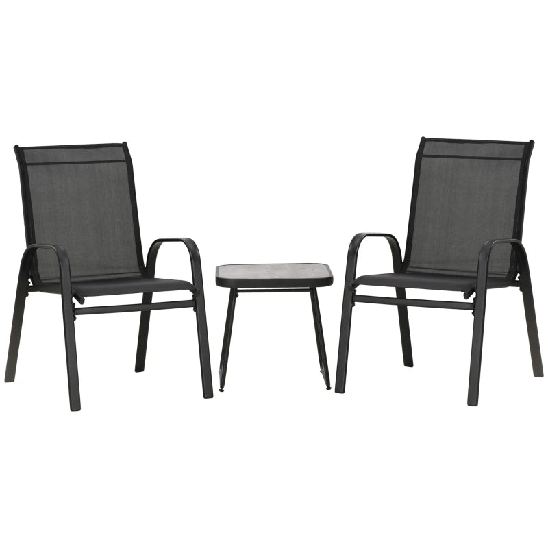 3 Pieces Outdoor Bistro Set, Stackable Armchairs and SPC Board Coffee Table, Black