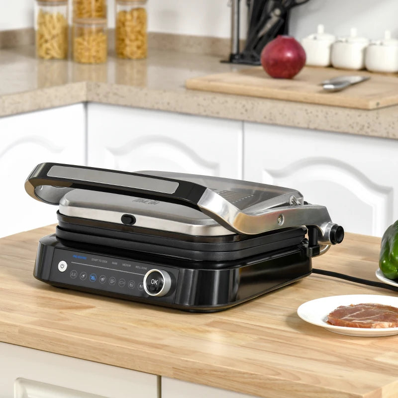 HOMCOM 2100W Health Grill & Panini Press, Electric Non-stick Grill with 8 Automatic Settings, 180° Flat Open, Drip Tray, Removable Plate, Floating Hinges