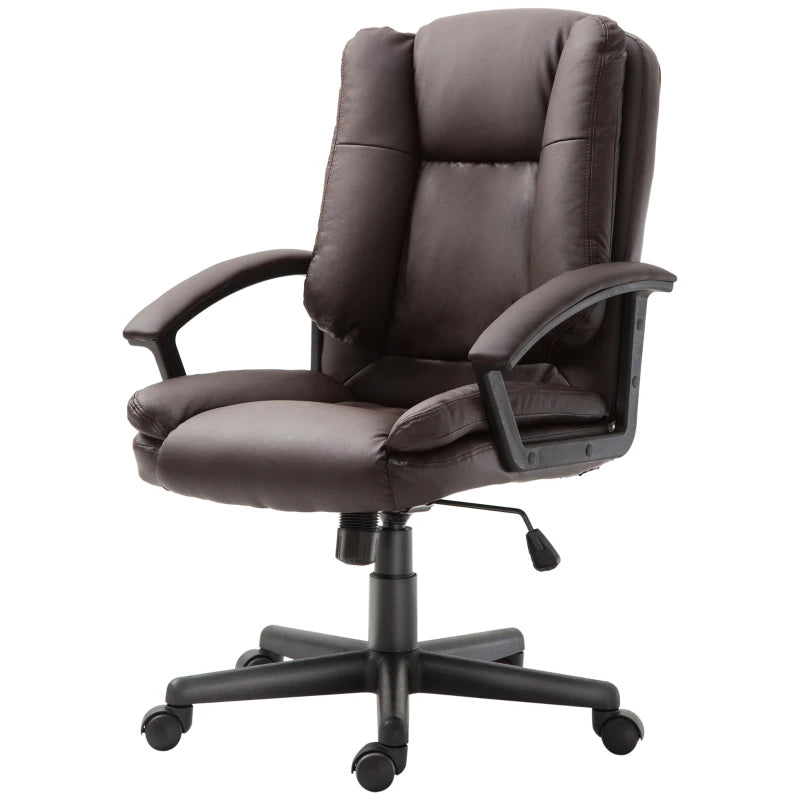 HOMCOM Mid Back Executive Office Chair, Faux Leather Computer Desk Chair with Swivel, Double-Tier Padding, Arm, Wheels, Brown