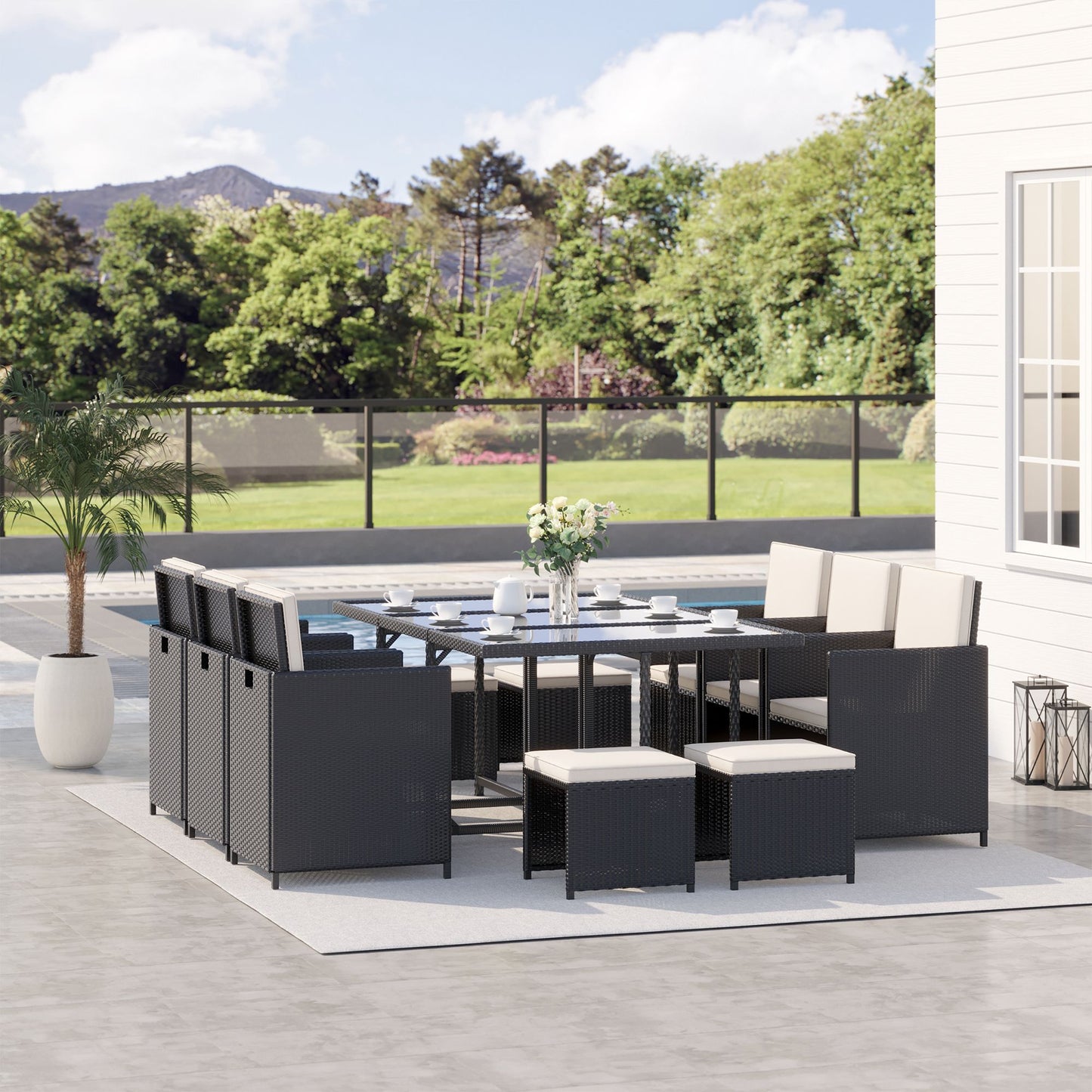 Outsunny Rattan Dining Set Garden Furniture Patio set 11 PC with Cushion Black /Milk White