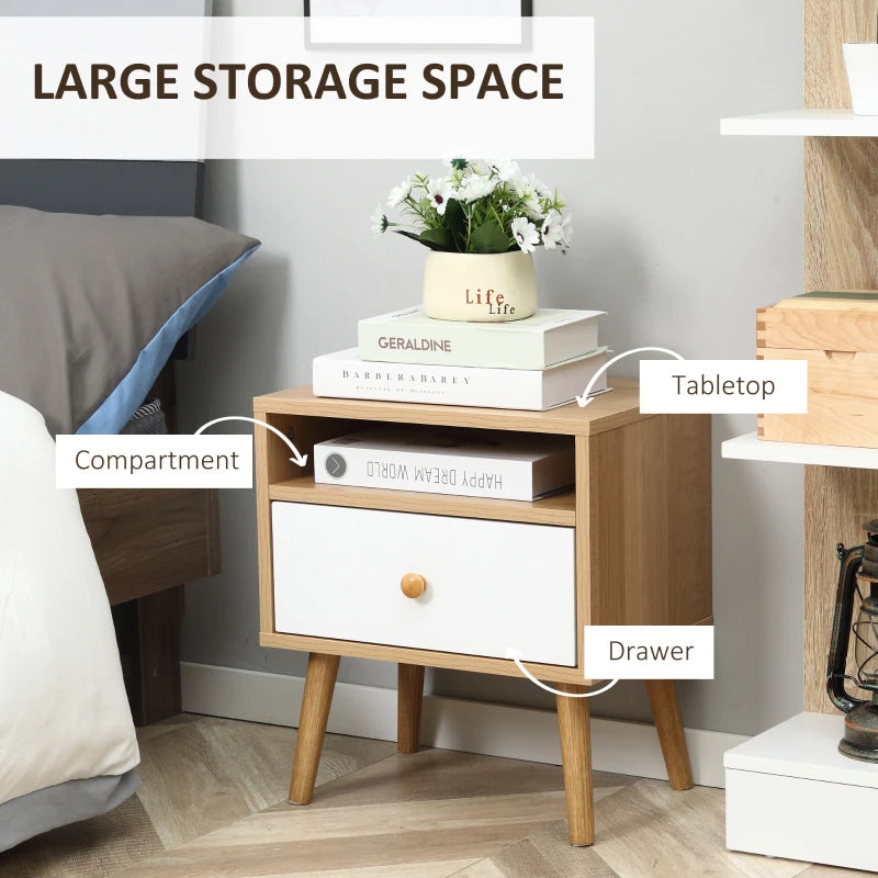 HOMCOM Wooden Bedside Table, with Drawer and Shelf, Modern Nightstand, End Table for Living Room, Bedroom, Natural
