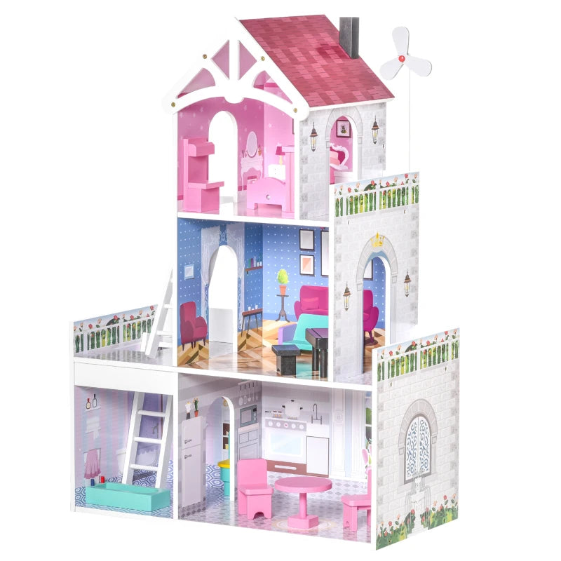 HOMCOM Kids 3 Storey Dollhouse with Furniture Accessories for Toddler Girls Aged 3-6 Years Pink