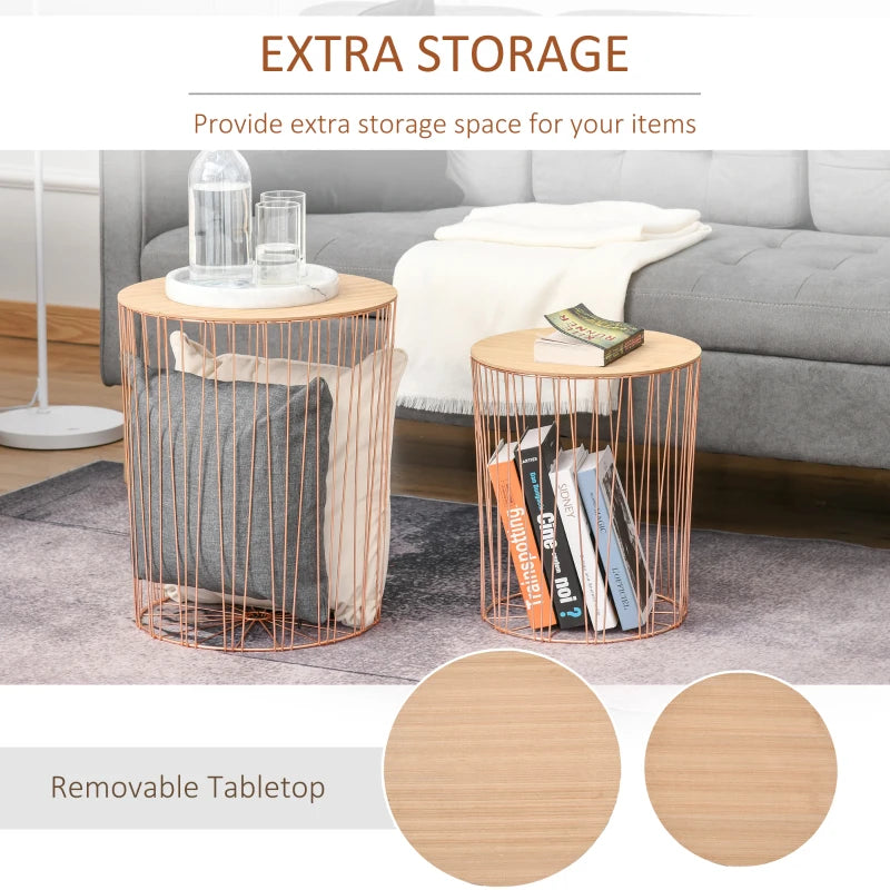 HOMCOM Metal Base MDF Top Duo-Pack Lift-Top Bedside Table Rose Gold