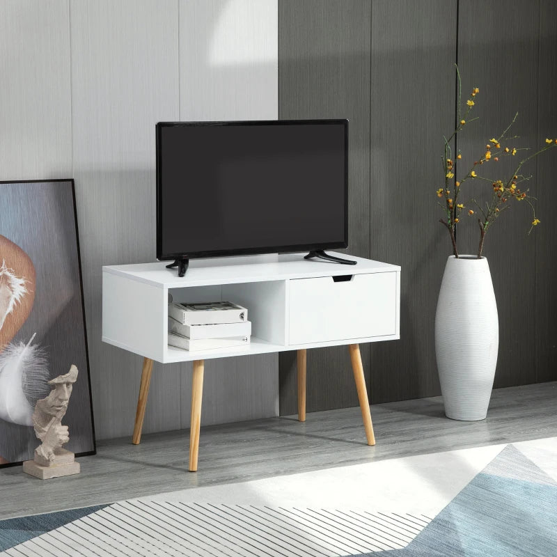 HOMCOM TV Cabinet, TV Unit for TVs up to 47", TV Table with Shelf and Drawer, Entertainment Centre with Cable Hole for Living Room, White