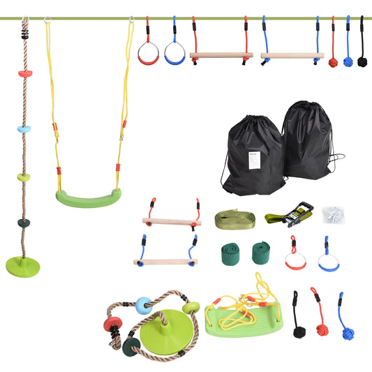 Outsunny Ninja Warrior Obstacle Course for Kids 46FT Slackline Kit w/ Training Equipment