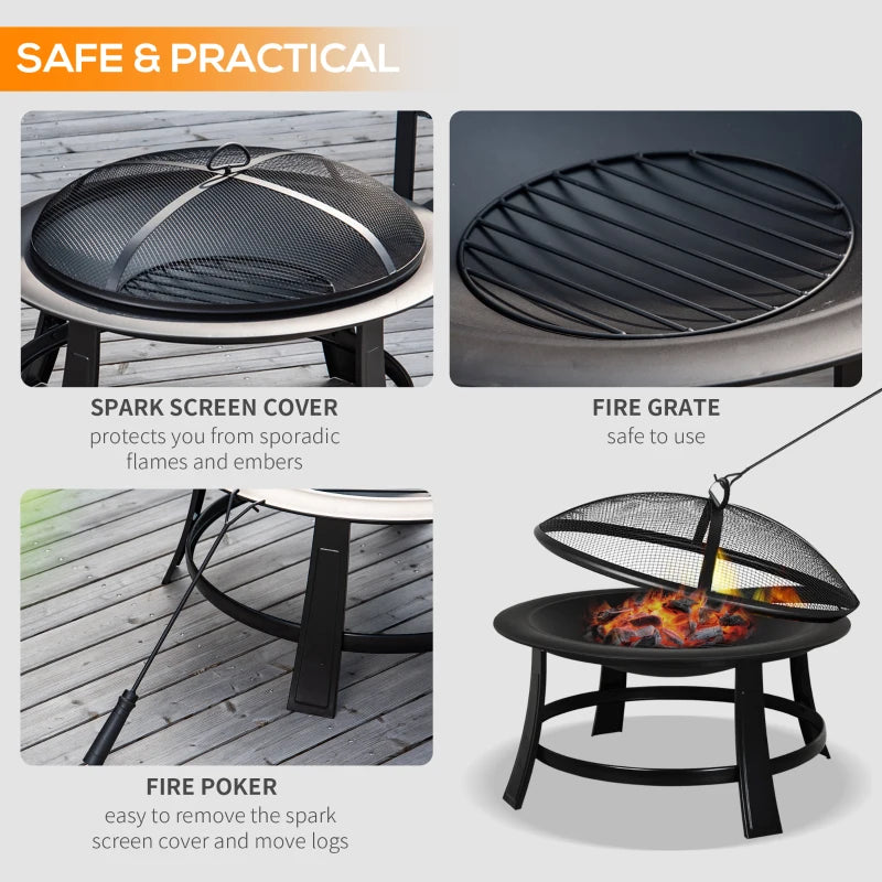 Outsunny Outdoor Round Metal Fire Pit Φ75.5cm with Poker Wood Grate for Garden Patio Black
