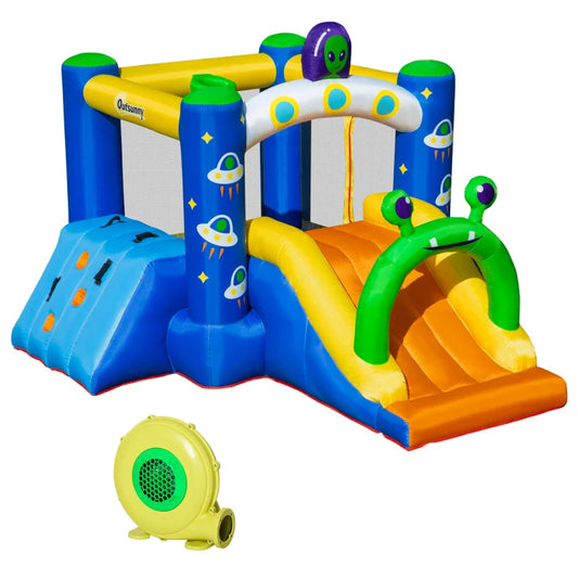 Outsunny 4 in 1 Kids Bouncy Castle Large Alien Style Inflatable House Slide Trampoline Climbing Wall Basket with Air blower Carrybag Patches for Kids Age 3-8