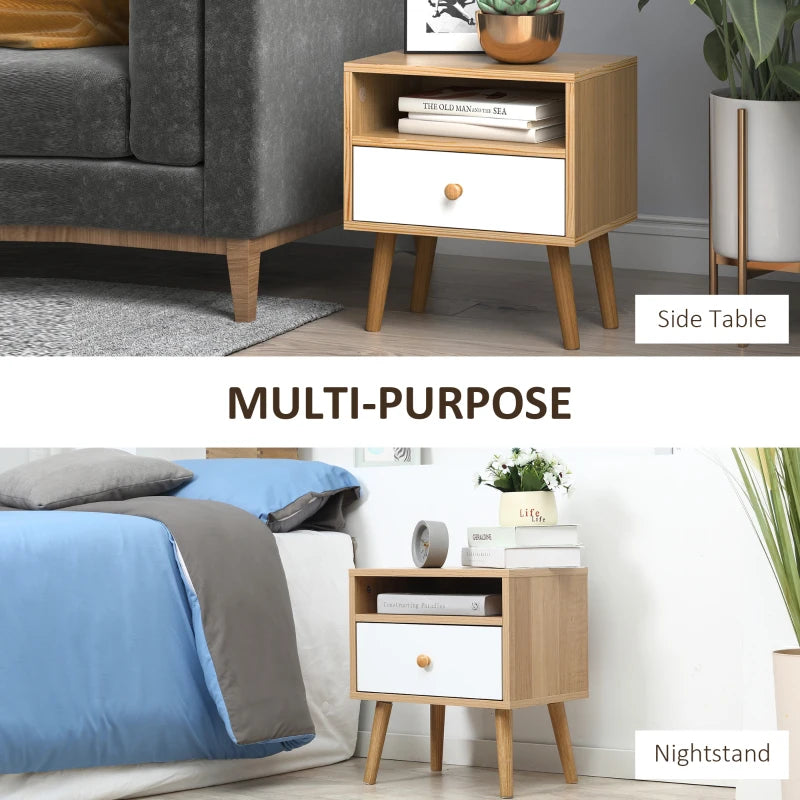 HOMCOM Wooden Bedside Table, with Drawer and Shelf, Modern Nightstand, End Table for Living Room, Bedroom, Natural