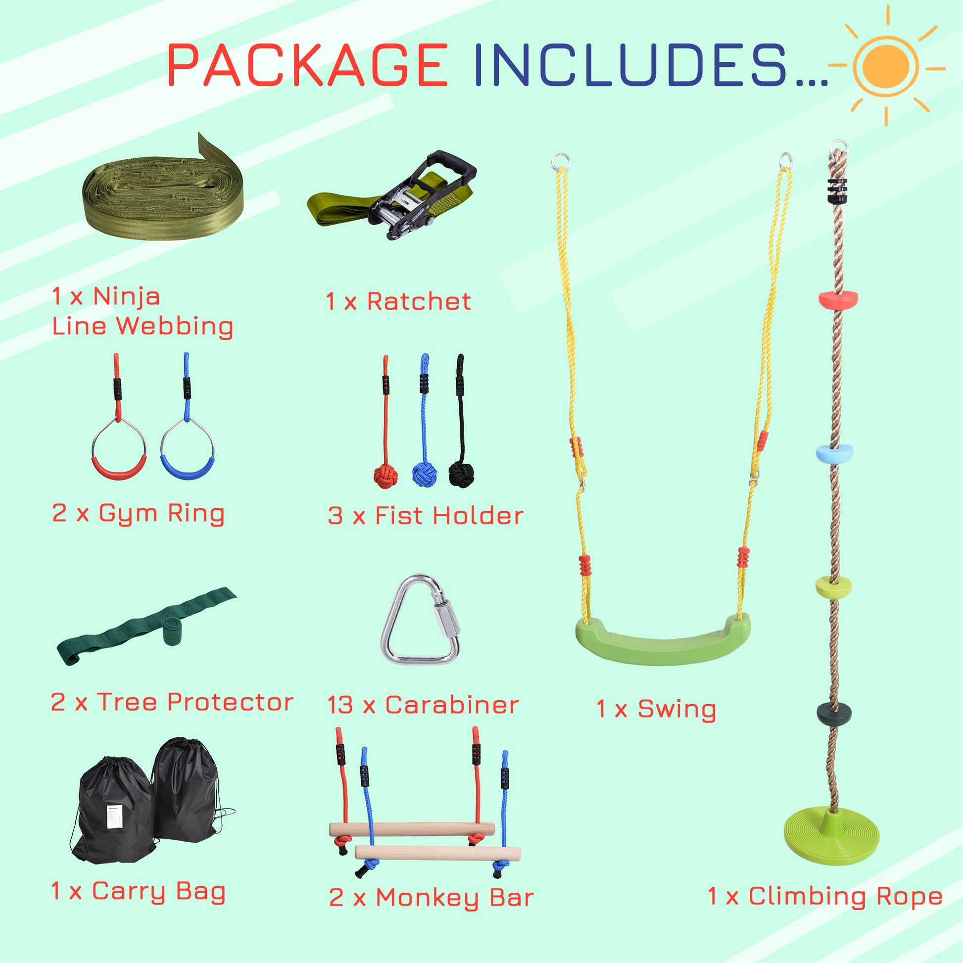 Outsunny Ninja Warrior Obstacle Course for Kids 46FT Slackline Kit w/ Training Equipment