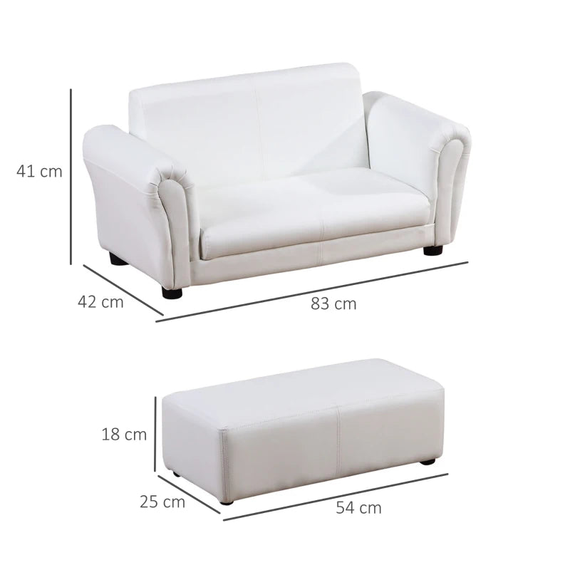 HOMCOM Childrens Sofa Chair, 2 Seater Toddler Chair Kids Twin Sofa Boys Girls Couch w/ Footstool (White)