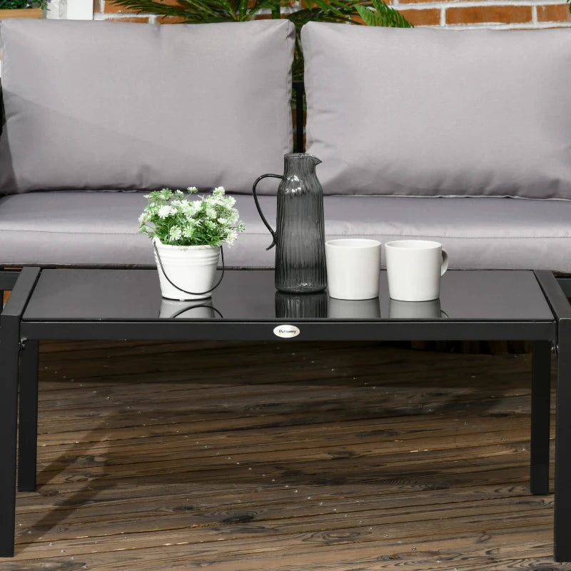 Outsunny 4 Piece Metal Garden Furniture Set - Includes Tempered Glass Coffee Table, Texteline Pocket, Outdoor Patio Set with Loveseat, Single Armchairs and Padded Cushions, Light Grey