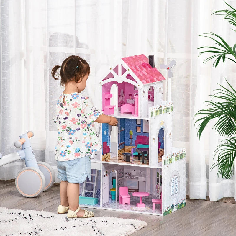 HOMCOM Kids 3 Storey Dollhouse with Furniture Accessories for Toddler Girls Aged 3-6 Years Pink