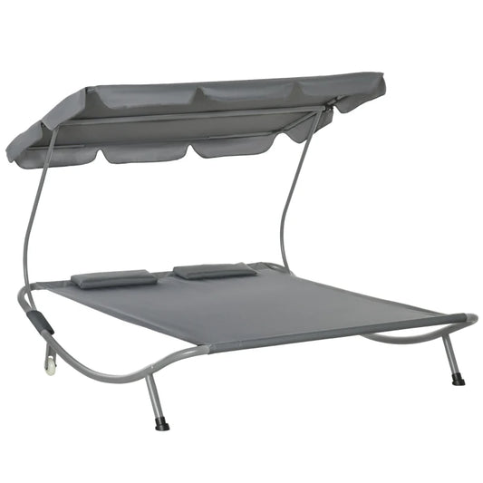 Outsunny Double Hammock Sun Lounger Bed Canopy Shelter Wheels 2 Pillows Patio Grey