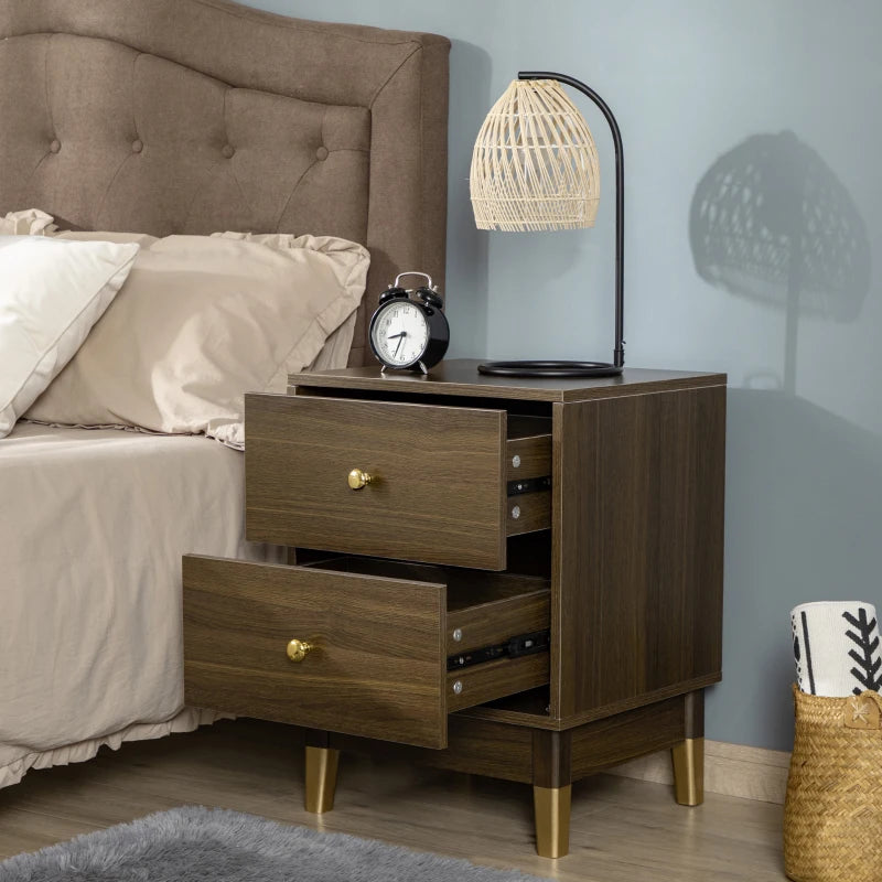 HOMCOM Bedside Table, Modern Nightstand with 2 Drawers, End Side Table for Bedroom and Living Room, Brown