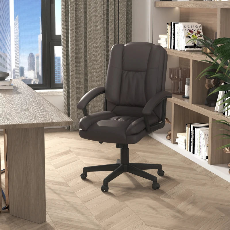 HOMCOM Mid Back Executive Office Chair, Faux Leather Computer Desk Chair with Swivel, Double-Tier Padding, Arm, Wheels, Brown