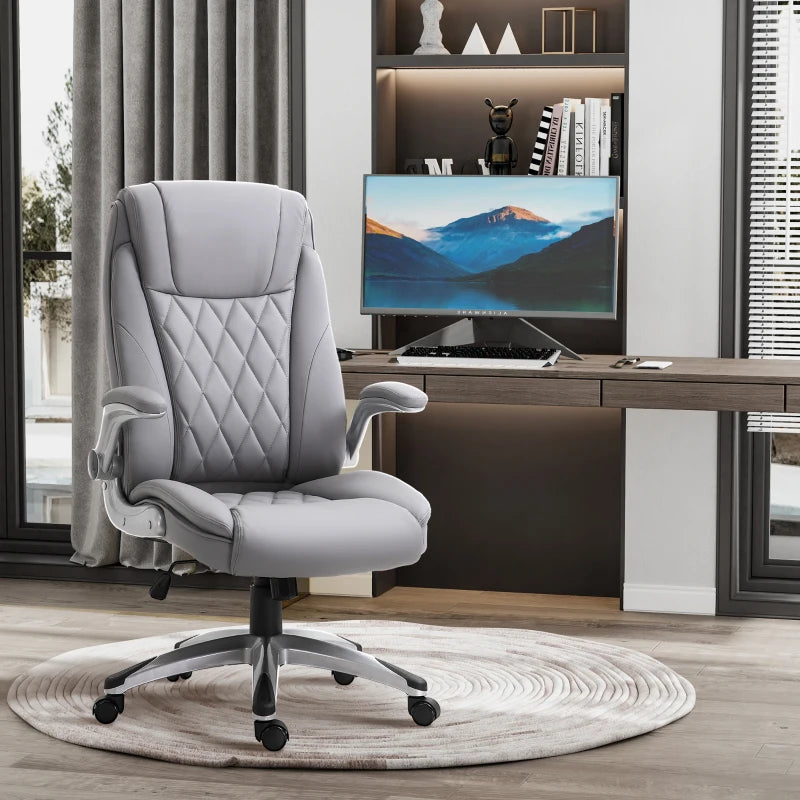 Vinsetto High Back Executive Office Chair, Height Adjustable PU Leather Ergonomic Chair, with Flip-up Arm, 360-Degree Swivel & Wheels, Grey