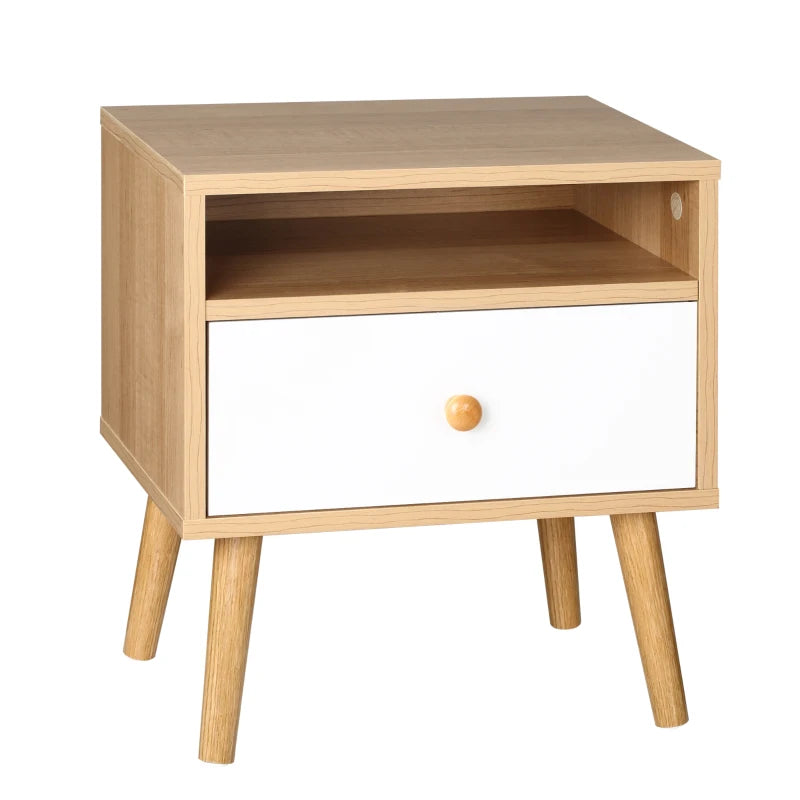HOMCOM Wooden Bedside Table, with Drawer and Shelf, Modern Nightstand, End Table for Living Room, Bedroom, Natural