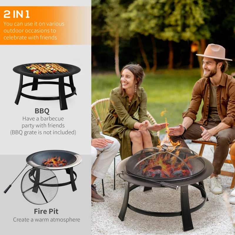 Outsunny Outdoor Round Metal Fire Pit Φ75.5cm with Poker Wood Grate for Garden Patio Black