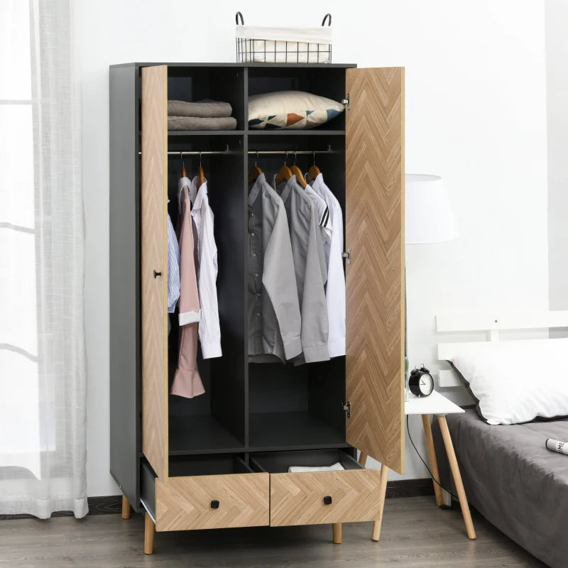 HOMCOM Cloth Wardrobe, Wood Grain Sticker Surface with Shelf, Hanging Rod and 2 Drawers 90x50x190cm