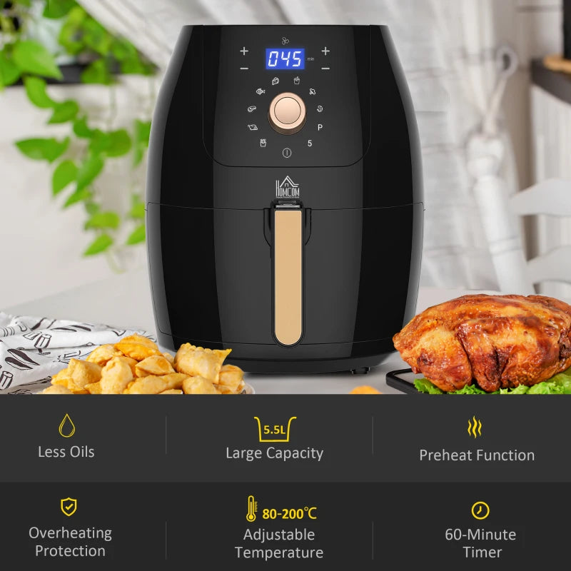 HOMCOM 1700W Air Fryer Over with 5.5L Capacity, Rapid Air Circulation, Digital Display, Adjustable Temperature, Timer for Healthy Oil Free Low Fat Cooking