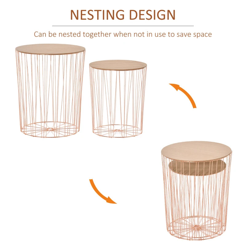 HOMCOM Metal Base MDF Top Duo-Pack Lift-Top Bedside Table Rose Gold