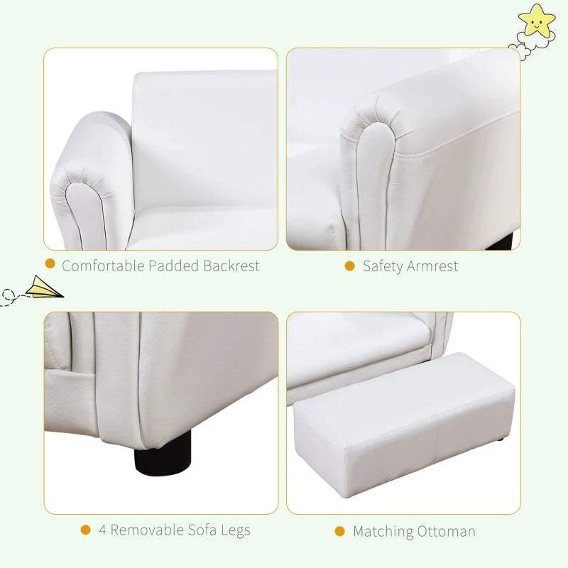 HOMCOM Childrens Sofa Chair, 2 Seater Toddler Chair Kids Twin Sofa Boys Girls Couch w/ Footstool (White)