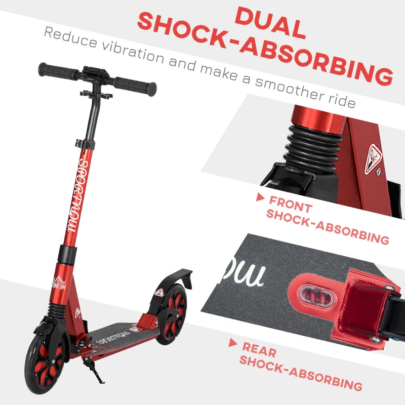 Foldable Adjustable Kick Scooter, with Dual Shock Absorber and ABEC-9 Bearing - Red