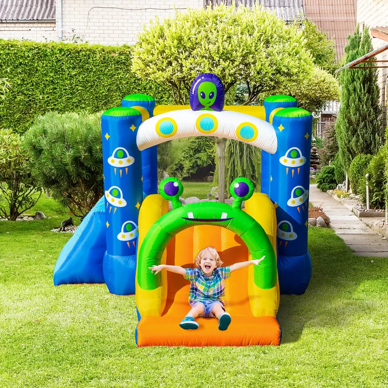 Outsunny 4 in 1 Kids Bouncy Castle Large Alien Style Inflatable House Slide Trampoline Climbing Wall Basket with Air blower Carrybag Patches for Kids Age 3-8
