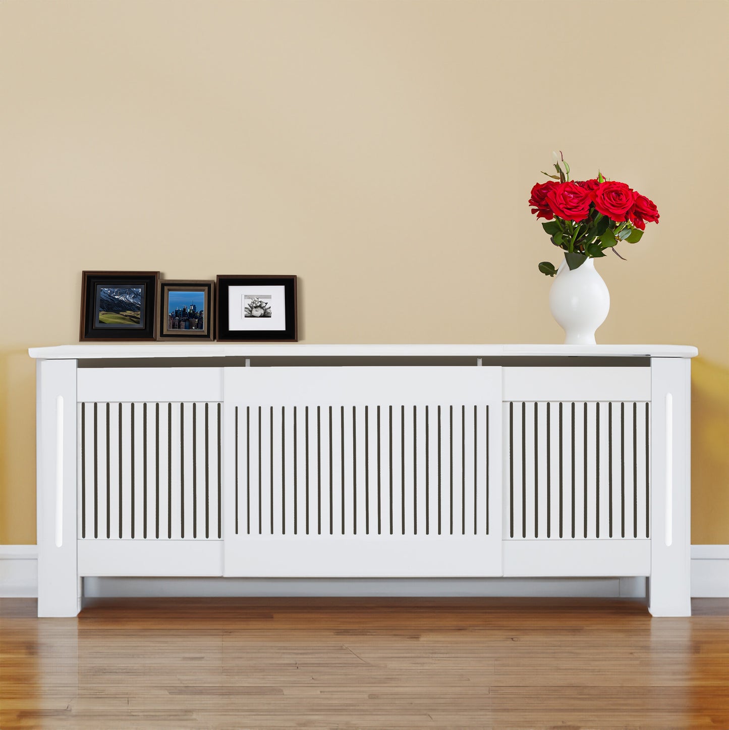 RCXXLVW - Muckross Radiator Cover. Vertical Pattern. Expandable Extra Large Size. Adjust To Fit Larger Radiator Models. White Colour. Designed For Any Room.