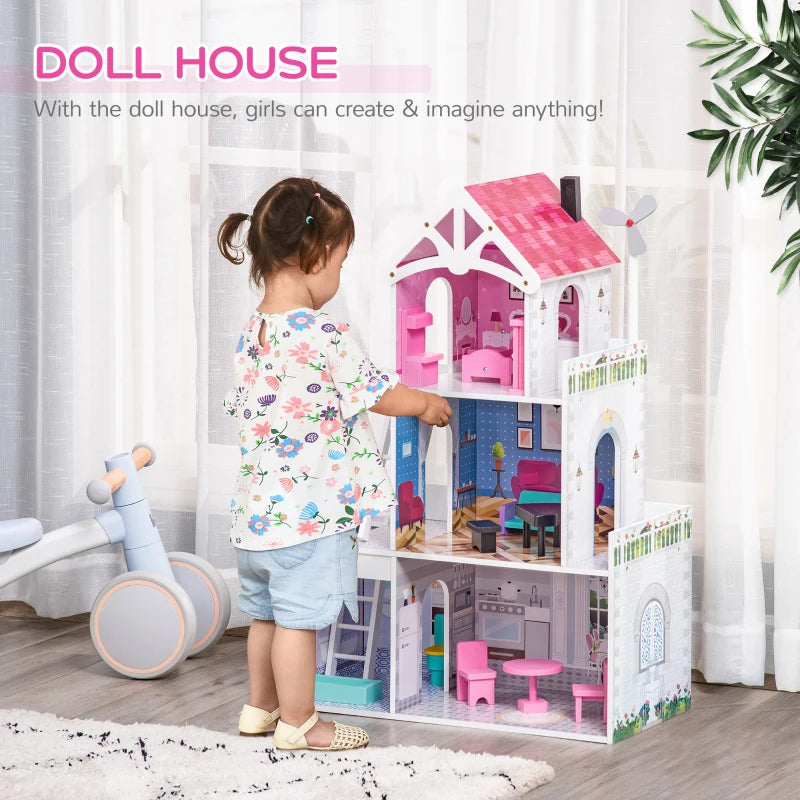 HOMCOM Kids 3 Storey Dollhouse with Furniture Accessories for Toddler Girls Aged 3-6 Years Pink