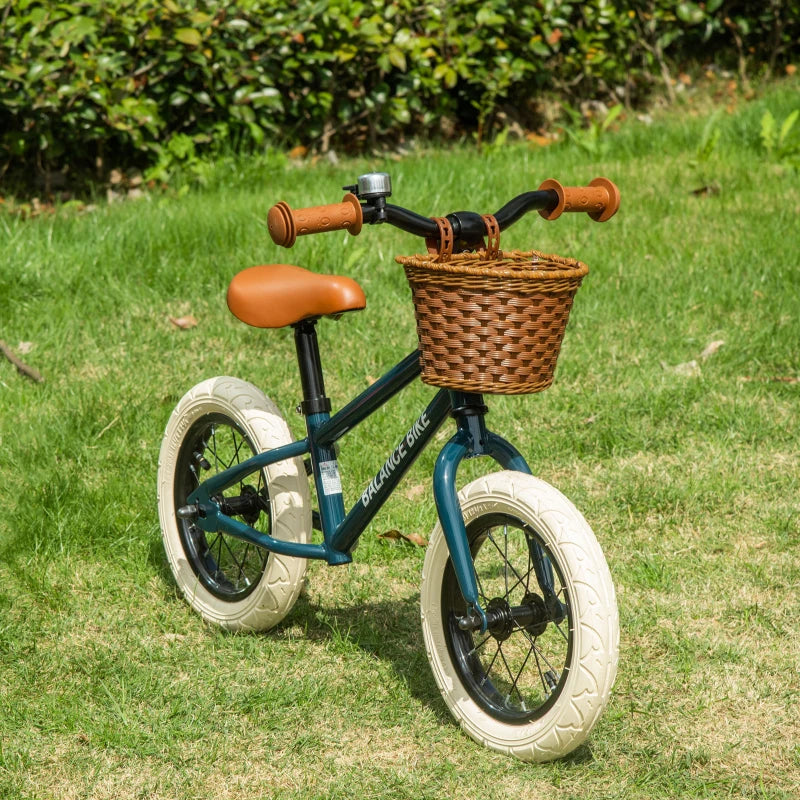 HOMCOM 12 Inch Kids Balance Bike Toddler No Pedal Training Bicycle with Rubber Tires Adjustable Handlebar Basket Bell for 3-6 Year Old Boys Girls, Brown