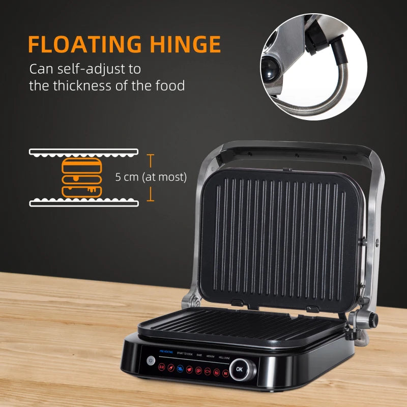 HOMCOM 2100W Health Grill & Panini Press, Electric Non-stick Grill with 8 Automatic Settings, 180° Flat Open, Drip Tray, Removable Plate, Floating Hinges