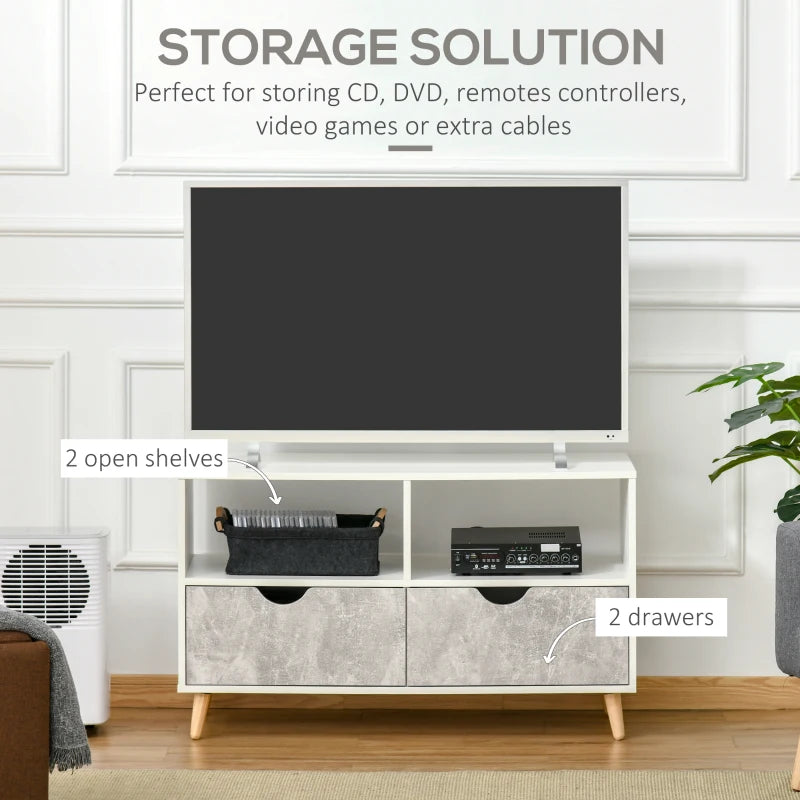 HOMCOM TV Unit for TVs up to 42", TV Stand Cabinet with 2 Open Shelves, 2 Drawers and Wooden Legs, Modern Entertainment Unit for Living Room, Grey