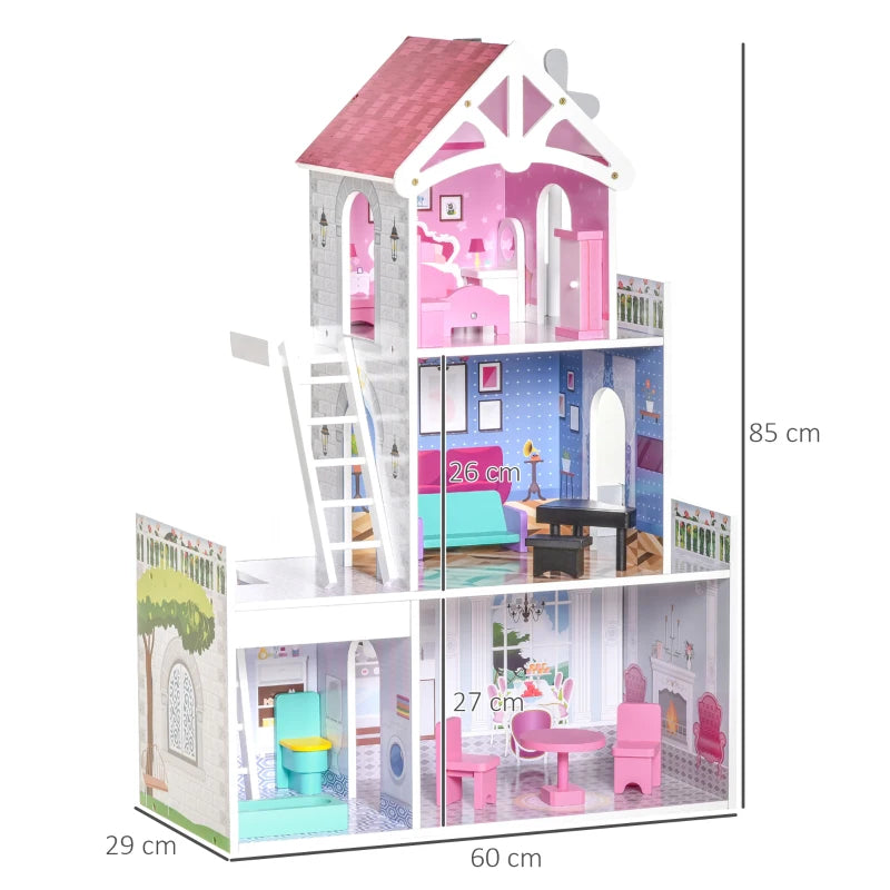 HOMCOM Kids 3 Storey Dollhouse with Furniture Accessories for Toddler Girls Aged 3-6 Years Pink