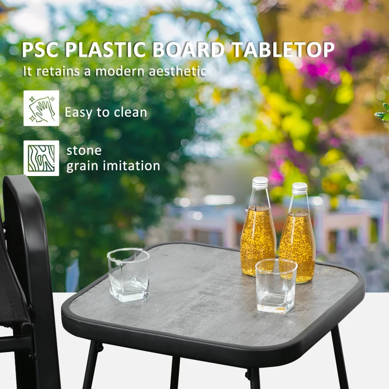 3 Pieces Outdoor Bistro Set, Stackable Armchairs and SPC Board Coffee Table, Black