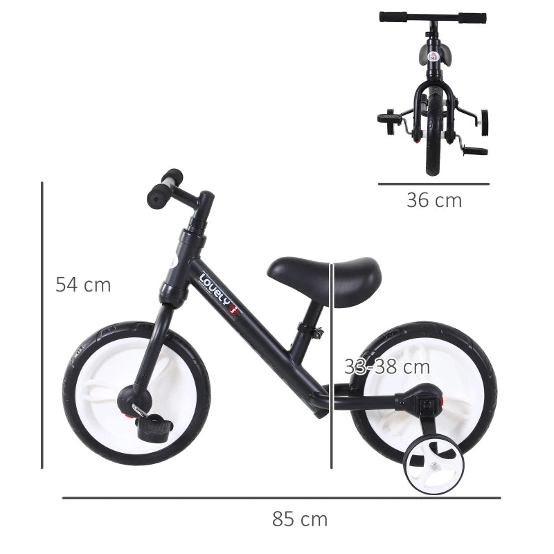 HOMCOM 11 Inch Kids Balance Bike Training Pedal Bicycle W/ Removable Stabilizers EVA Tyres Adjustable Seat Height 2 to 5 Years Black
