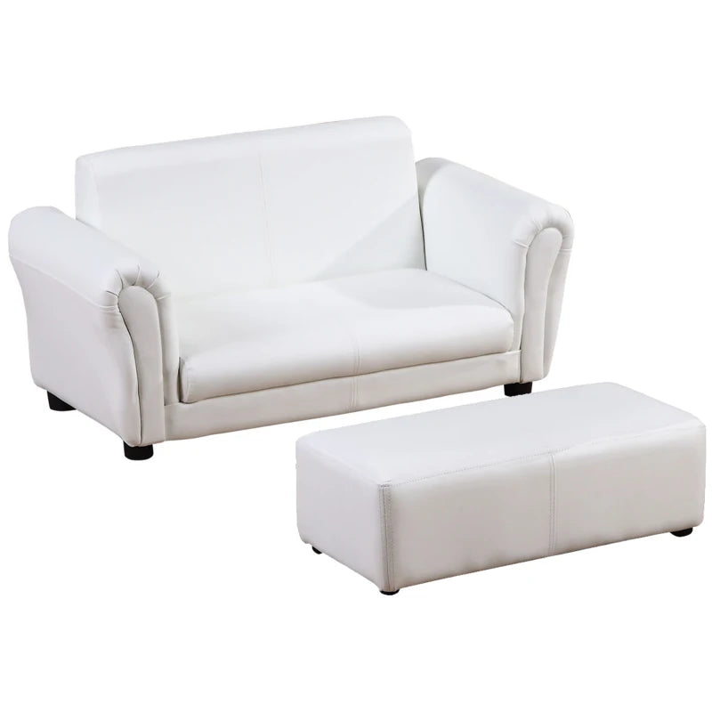 HOMCOM Childrens Sofa Chair, 2 Seater Toddler Chair Kids Twin Sofa Boys Girls Couch w/ Footstool (White)