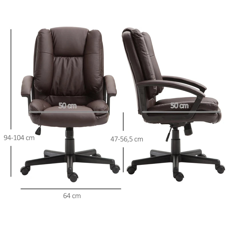 HOMCOM Mid Back Executive Office Chair, Faux Leather Computer Desk Chair with Swivel, Double-Tier Padding, Arm, Wheels, Brown