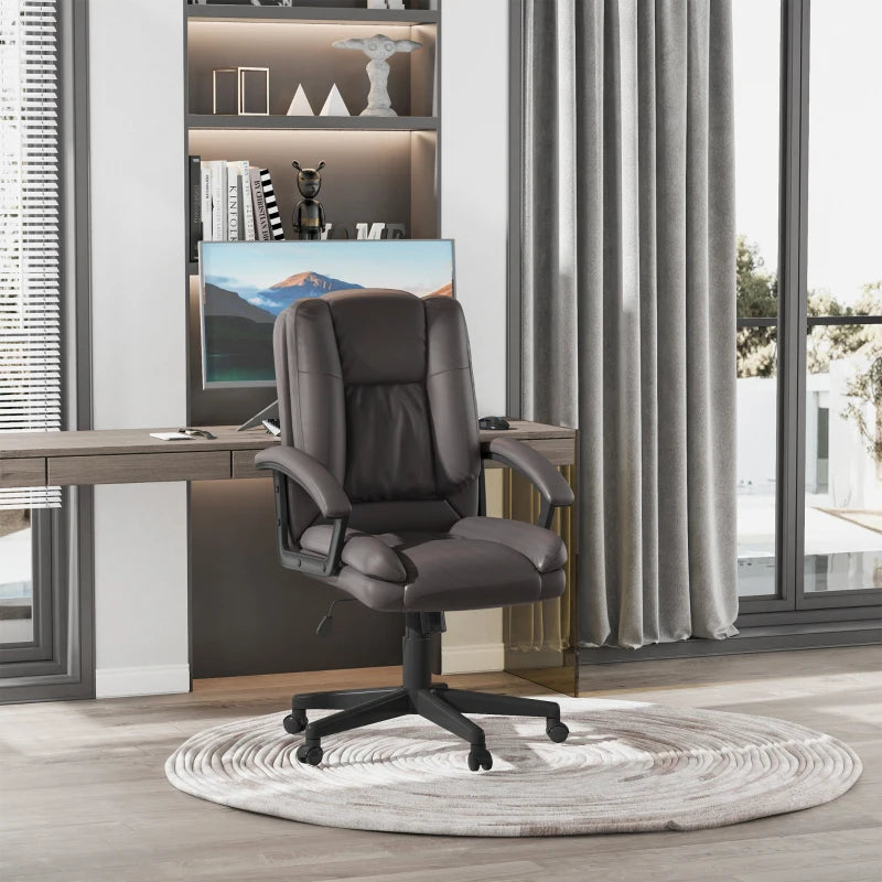 HOMCOM Mid Back Executive Office Chair, Faux Leather Computer Desk Chair with Swivel, Double-Tier Padding, Arm, Wheels, Brown