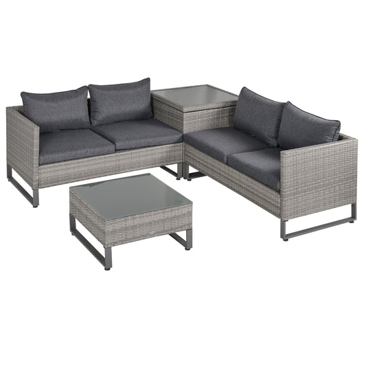 Outsunny 4 PCs Rattan Wicker Sofa Set Outdoor Conservatory Furniture w/ Side Storage Box