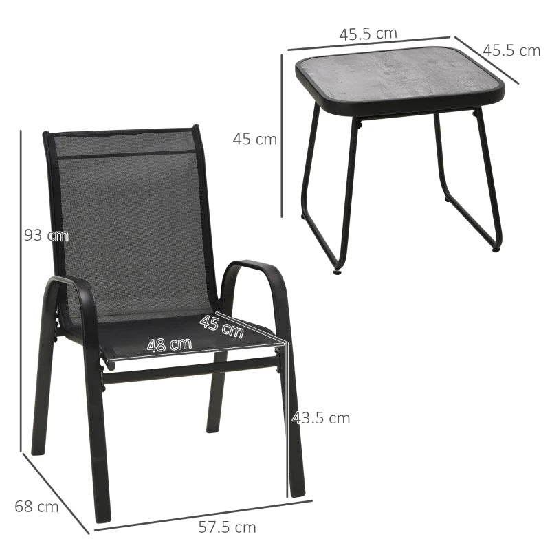 3 Pieces Outdoor Bistro Set, Stackable Armchairs and SPC Board Coffee Table, Black